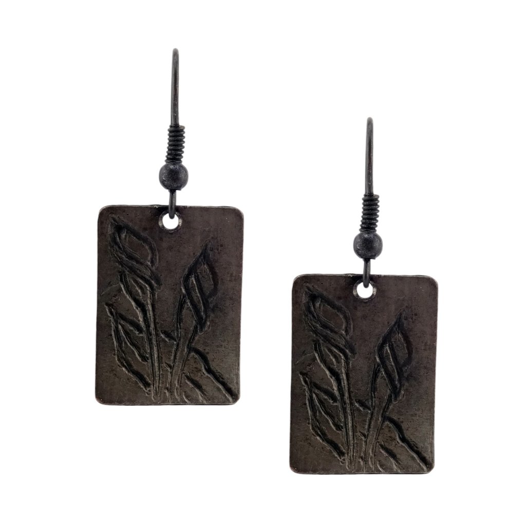 Anju Antiqued Pewter Rectangle Calla Lily Flower Dangle Hook Earrings - New